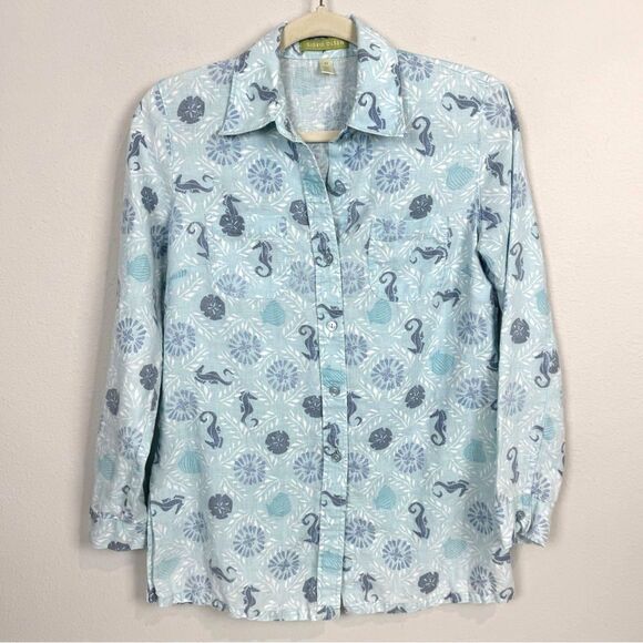 Sigrid Olsen Linen Button Up Blue Seahorse Shirt XS - Picture 1 of 9